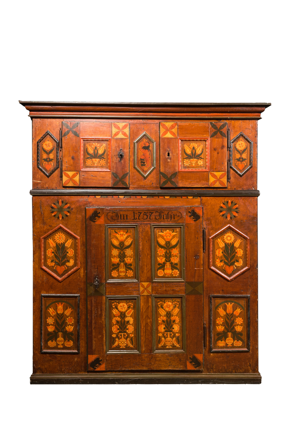 A Hungarian polychrome wooden three-door cupboard with floral design, 19th C.