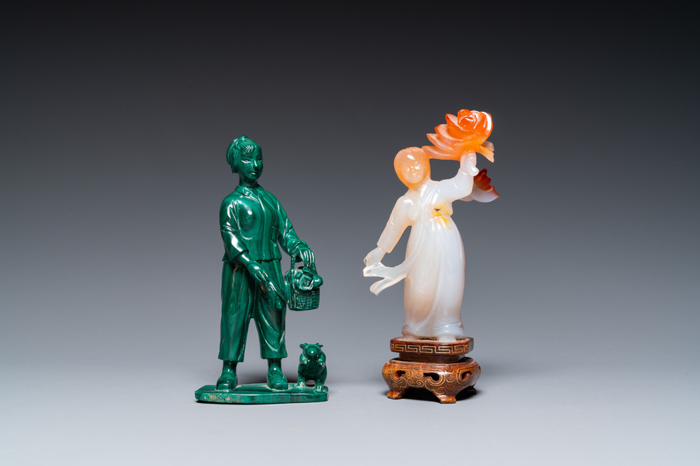Two Chinese Cultural Revolution figures of girls in agate and malachite
