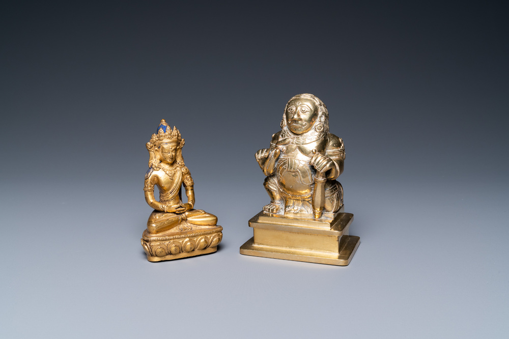 A Sino-Tibetan gilt bronze Buddha Amitayus and an Indian brass hindu deity, 19/20th C.