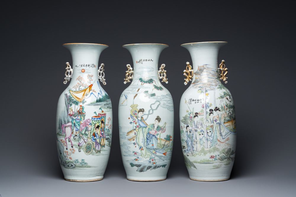 Three Chinese famille rose and qianjiang cai vases, 19/20th C.