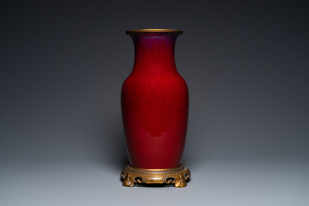 A Chinese flamb&eacute;-glazed vase with gilt bronze mounts, 19th C.