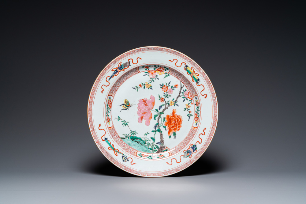 A large Chinese famille rose dish with floral design, Yongzheng