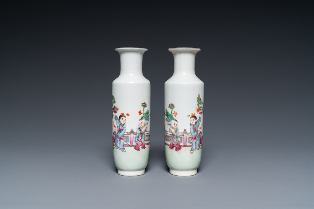 A pair of small Chinese famille rose rouleau vases, Qianlong mark, Republic