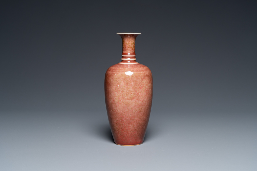 A Chinese peachbloom-glazed 'sanxian ping' vase, Kangxi mark but probably later