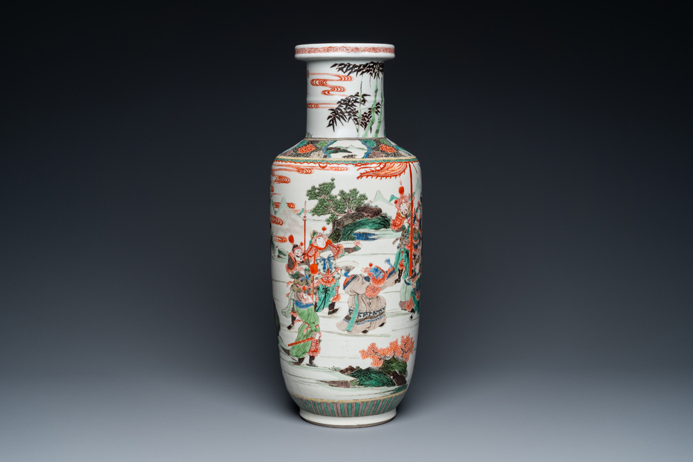 A fine Chinese famille verte rouleau vase, Kangxi