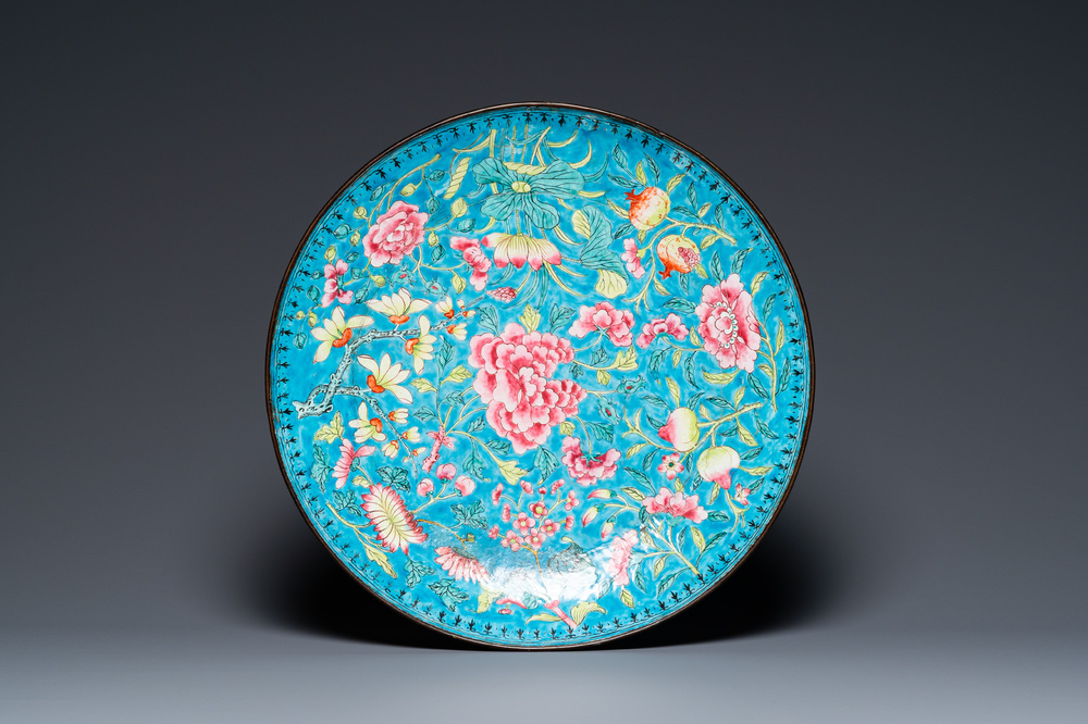 A large Chinese Canton enamel dish with floral design, Qianlong