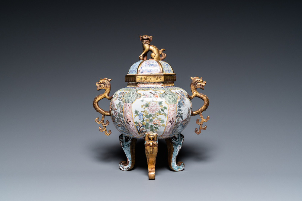 A large Chinese Canton enamel censer and cover, Qianlong mark, 19th C.