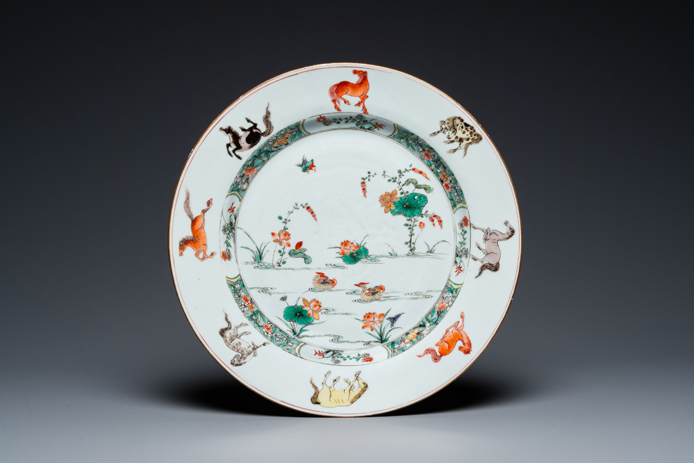 A Chinese famille verte 'mandarin ducks' dish with the 'eight horses of Mu Wang', Kangxi