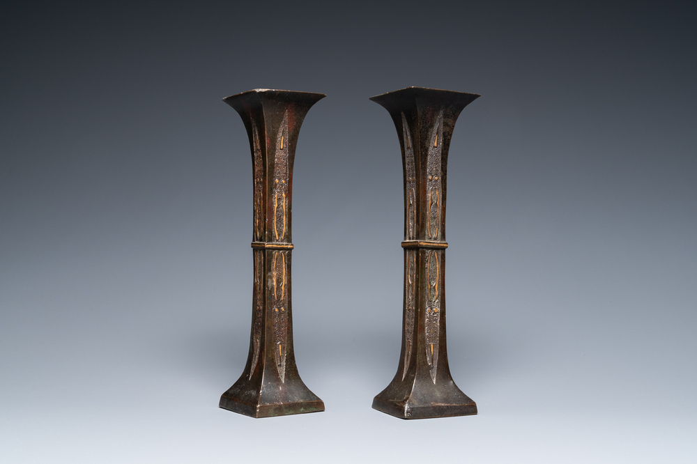 A pair of Chinese partly gilded bronze vases, Ai Long Zhi 愛龍製 mark, late Ming or early Qing