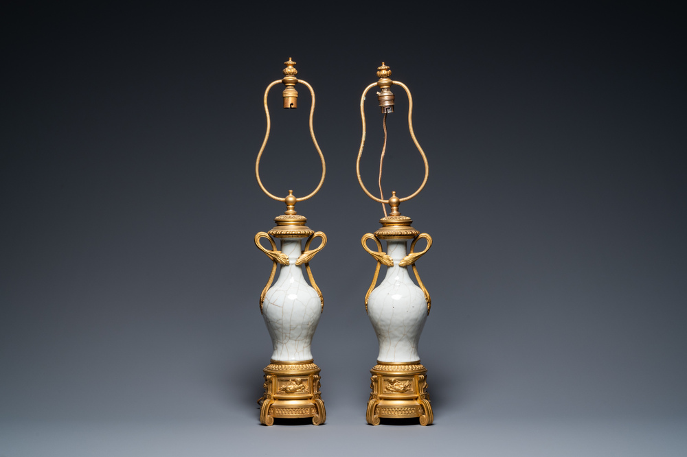 A pair of Chinese gilt bronze-mounted crackle-glazed vases, 18th C.