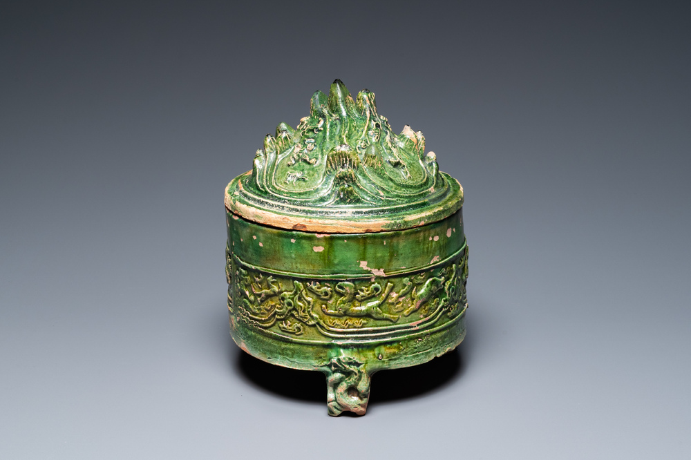 A Chinese green-glazed 'mountain' censer and cover, Eastern Han Dynasty