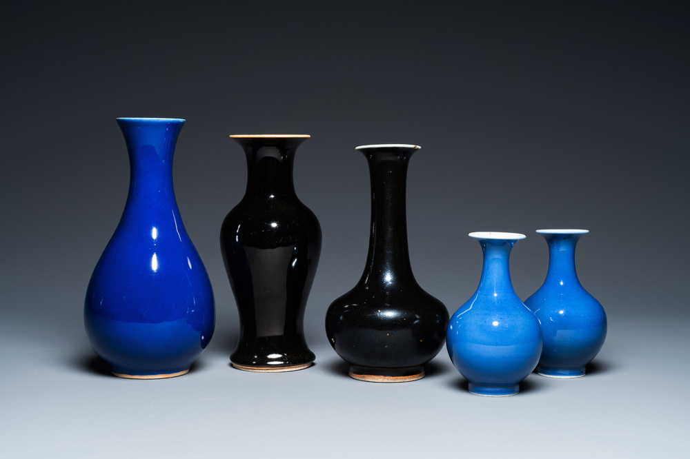 Five Chinese monochrome black- and blue-glazed vases, 19/20th C.