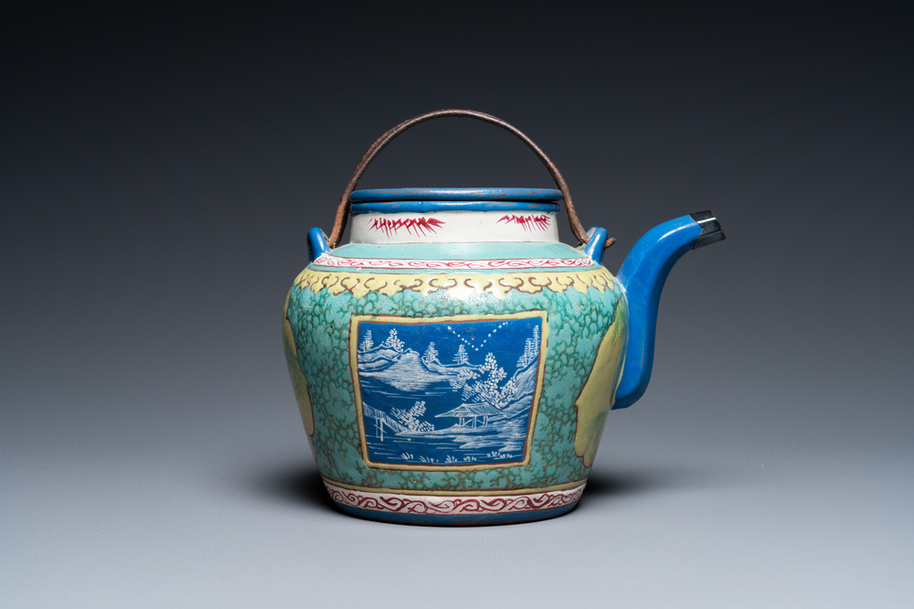 A Chinese enamelled Yixing stoneware teapot and cover, 19th C.