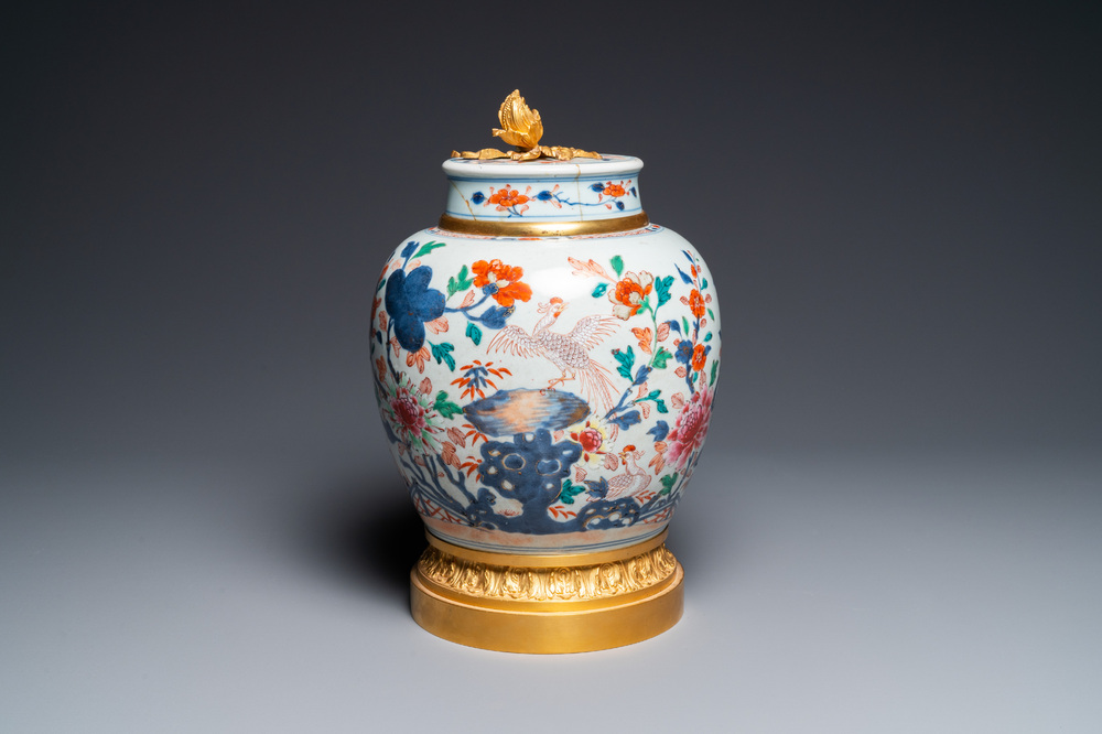 Pot couvert en porcelaine de Chine rose-Imari mont&eacute; en bronze dor&eacute;, Qianlong