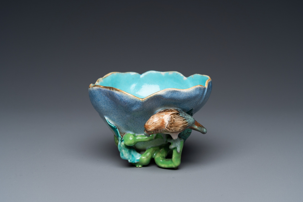 A Chinese enamelled porcelain brush washer in the shape of a lotus with a bird on a branch, Yongzheng