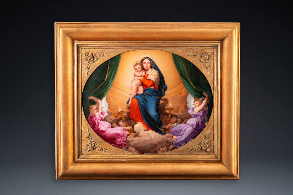 Aim&eacute;e Perlet (active 1798-1854): 'Virgin with Child' after Dominique Ingres' 'The Vow of Louis XIII', Paris porcelain plaque, dated 1848