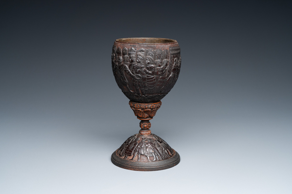 A Spanish colonial carved corozo and coconut marriage cup, probably Cuzco, Peru, 17th C.