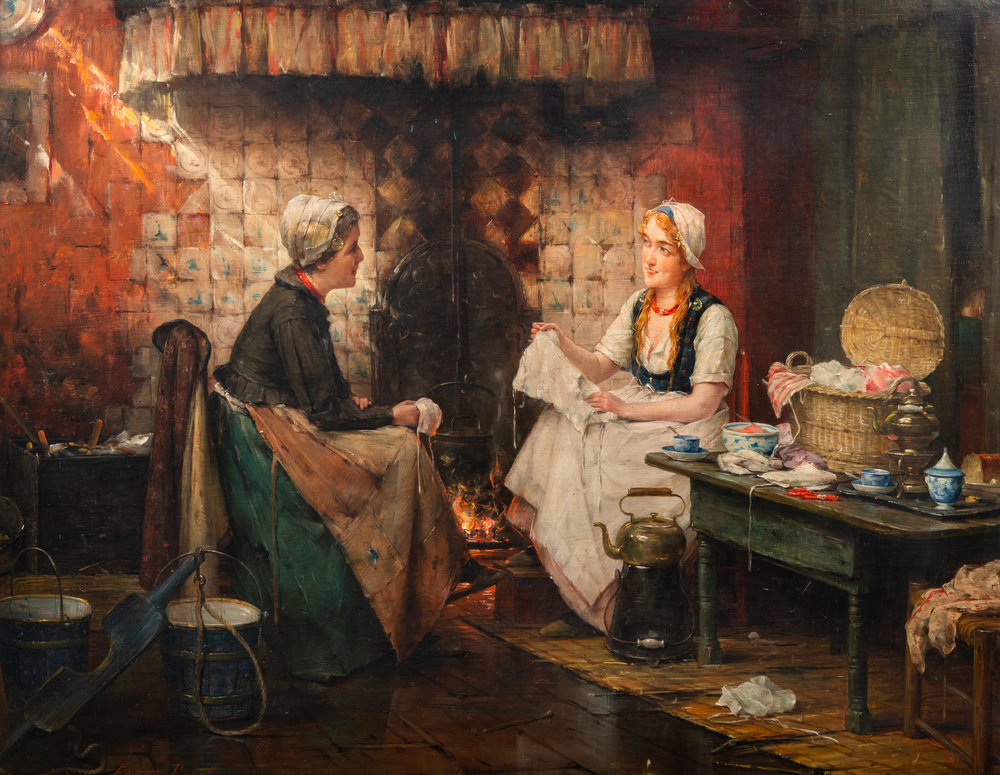 Edward Portielje (1861-1949) : Couturi&egrave;res dans une cuisine, huile sur toile