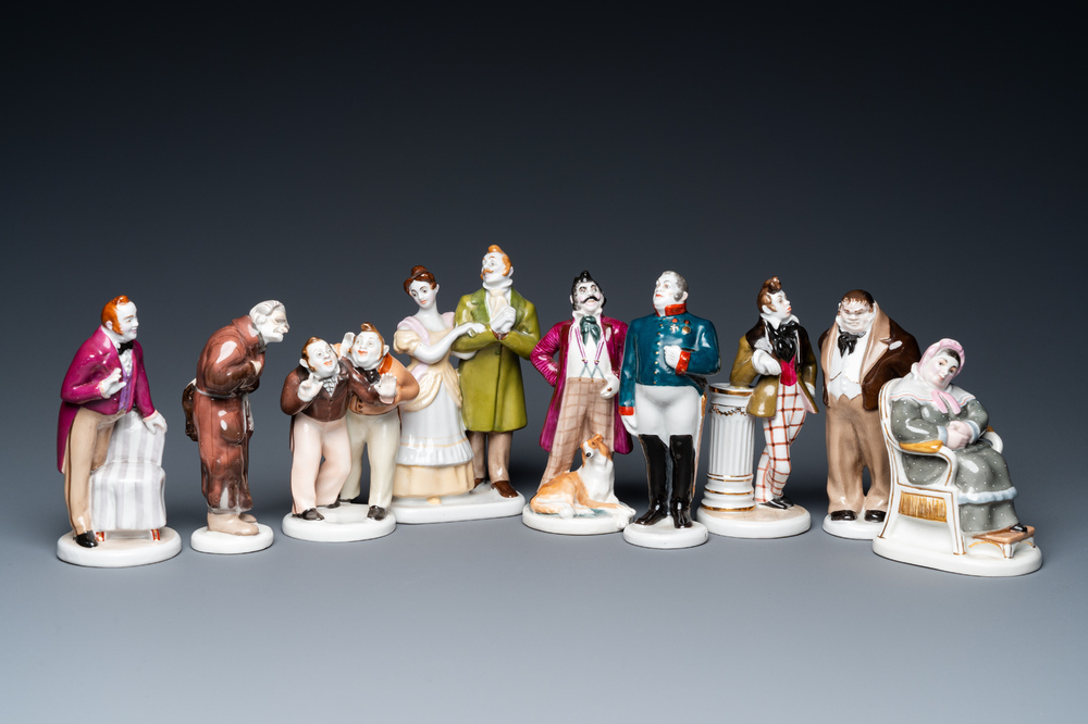 Nine Russian porcelain figures from Gogol's 'Dead souls' and 'The Government Inspector', Lomonosov, 20th C.