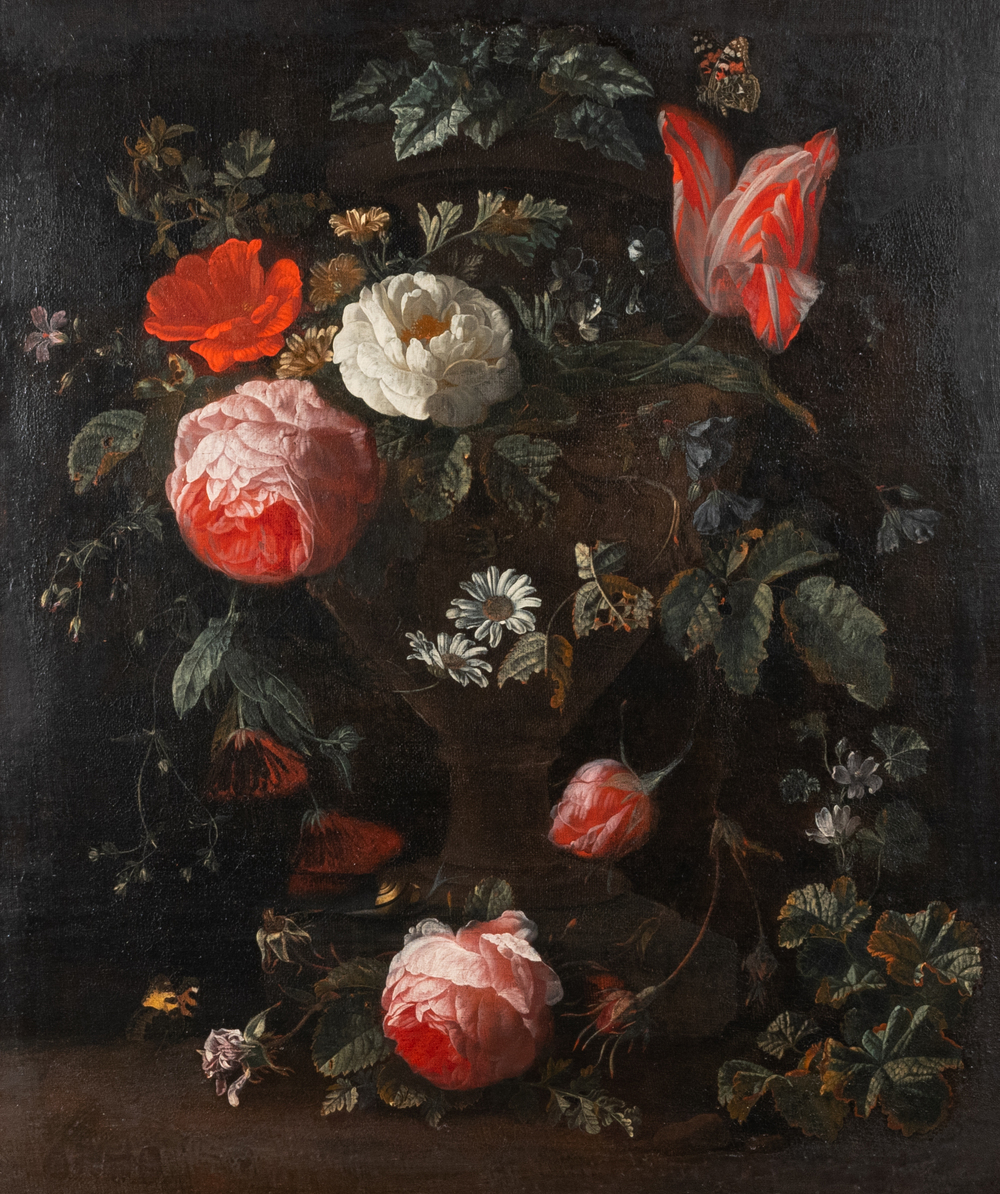 Van Verendael, Nicolaes (1640-1691, attr. to): Floral still life in urn with butterfly, oil on canvas