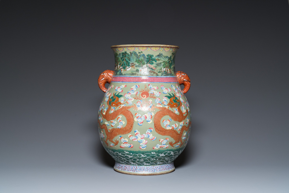 A large Chinese celadon-ground famille rose 'hu' vase with dragons, 19th C.