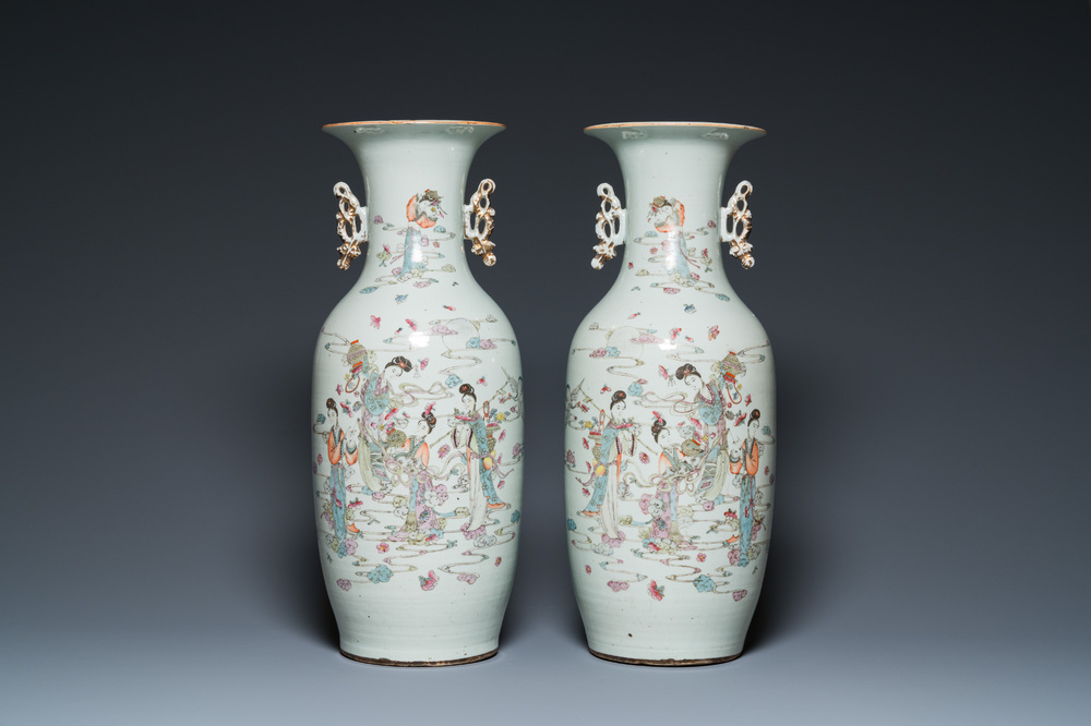 A pair of Chinese famille rose 'female immortals' vases, 19/20th C.