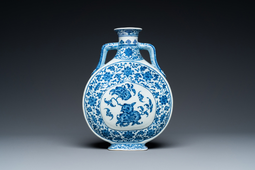 A Chinese blue and white Ming-style 'peaches' moonflask or 'bianhu', Jiaqing mark and of the period