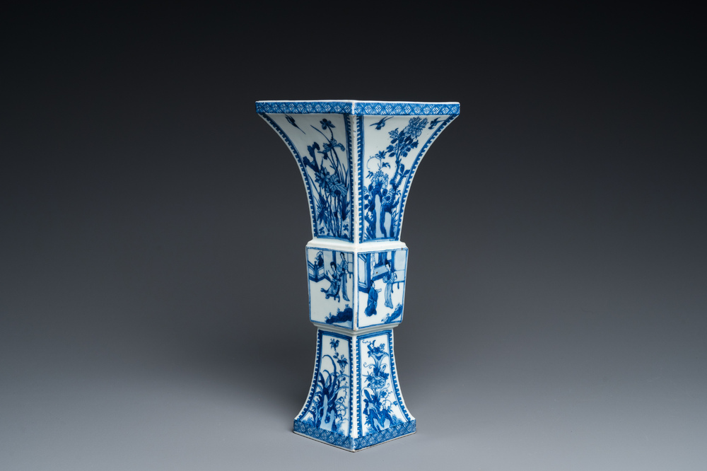 A Chinese blue and white square 'gu' vase with erotical scene on the base, Kangxi