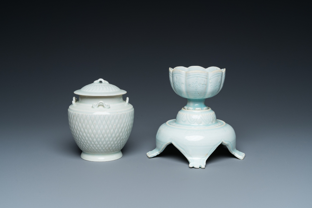 A Chinese carved qingbai vase with cover and a cup with stand, Song or later