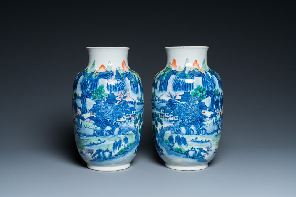 A pair of Chinese famille verte vases with fine landscapes, Yongzheng mark, 19/20th C.