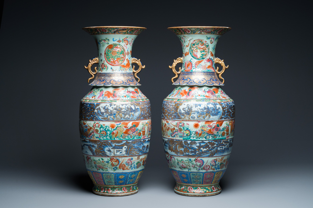 A pair of exceptional Chinese famille rose celadon-ground vases, 19th C.