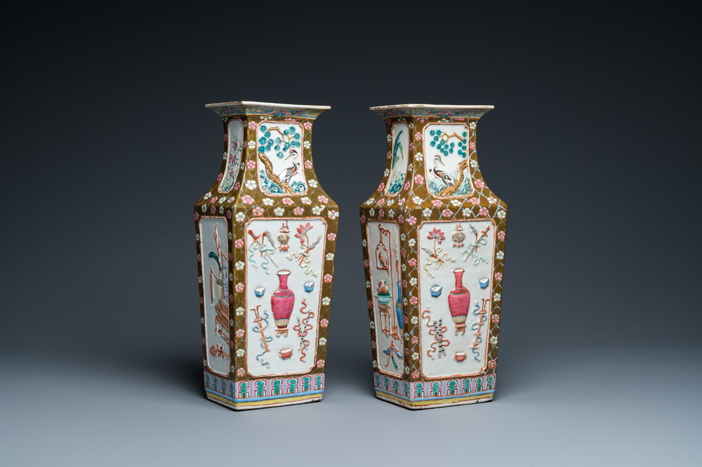 A pair of rectangular Chinese famille rose relief-molded vases, 19th C.