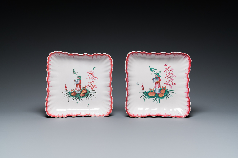 A pair of square French faience dishes with Chinese flag-bearers, Lun&eacute;ville or Strasbourg, 18th C.