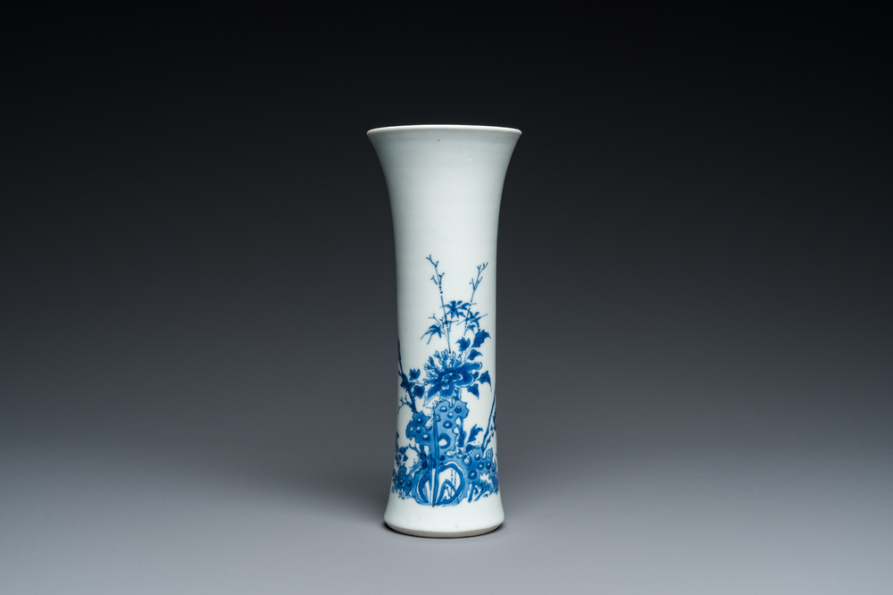 A Chinese blue and white vase with birds in a blossoming setting, Transitional period