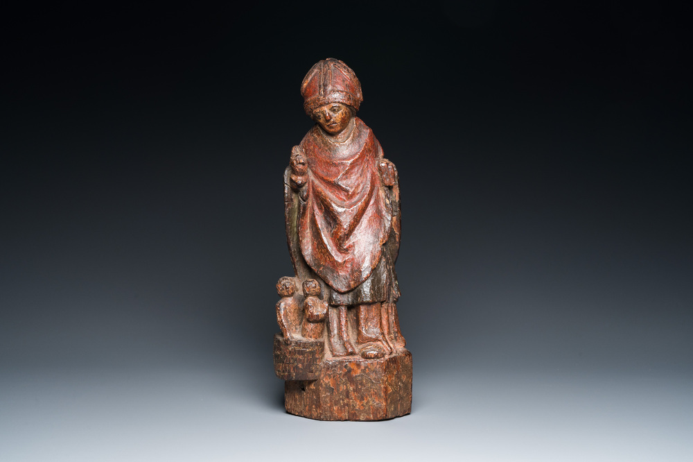 A polychromed wood sculpture of Saint Nicholas with three bathing boys, 15/16th C.