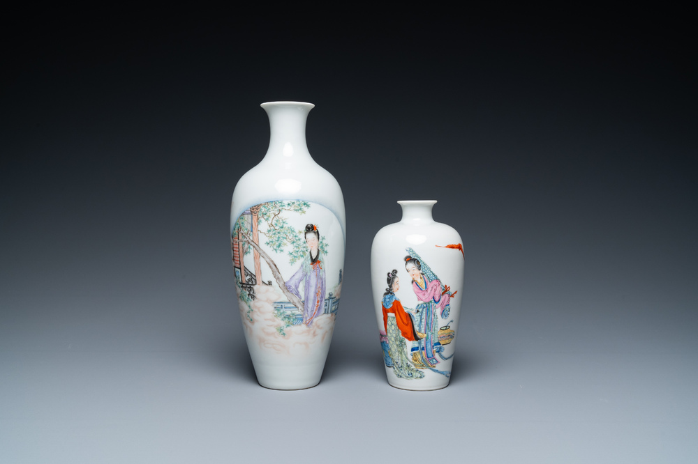 Two Chinese famille rose &lsquo;ladies&rsquo; vases, one with Qianlong mark, 20th C.
