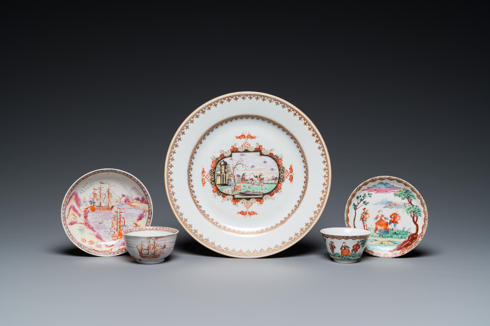 A Chinese famille rose export porcelain plate and two cups and saucers, Qianlong