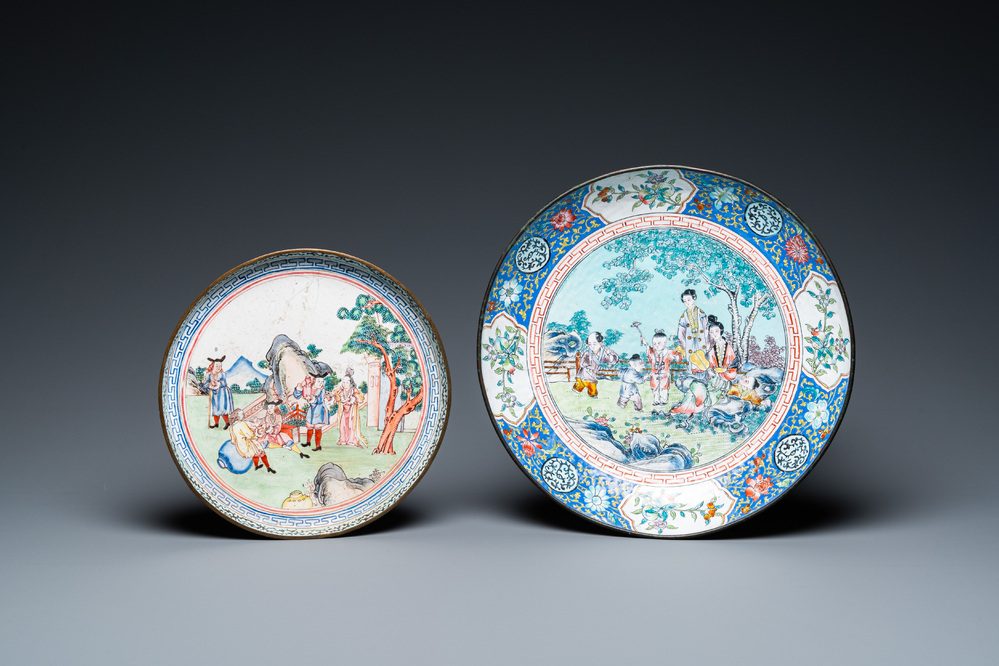 A Chinese Canton enamel dish with a European tea scene and one with ladies and boys, 18/19th C.