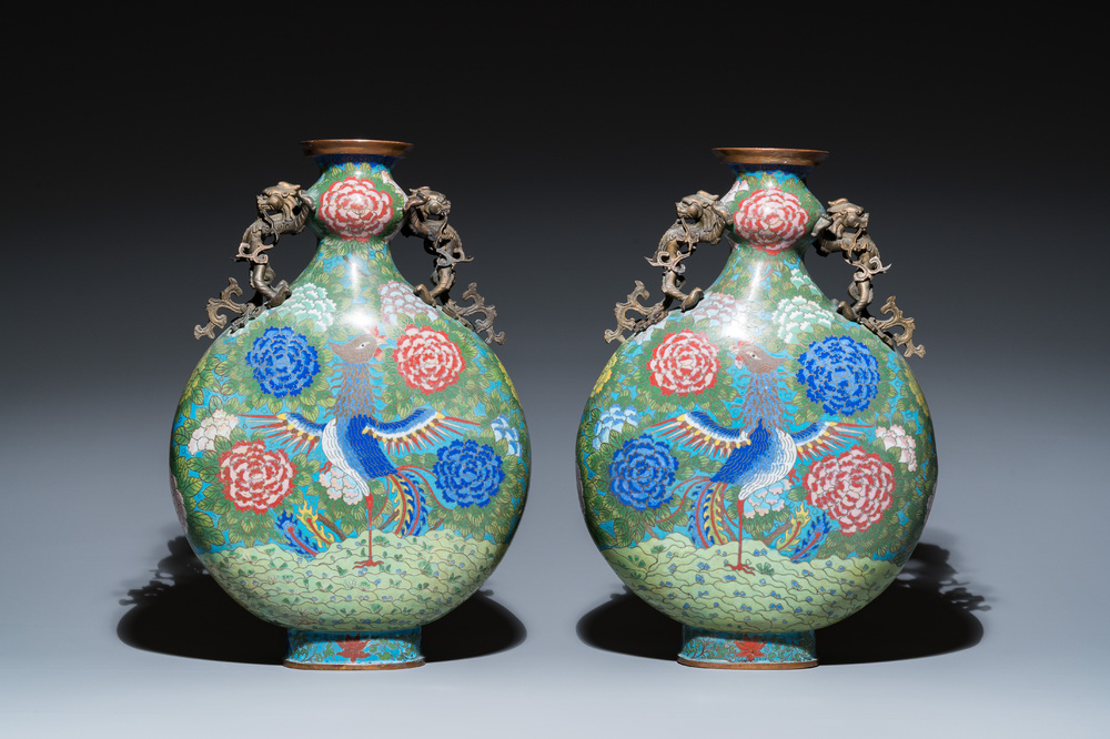A pair of Chinese cloisonn&eacute; 'moonflask' vases, bianhu, Jiaqing