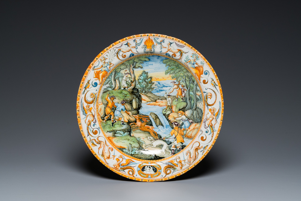 A large polychrome Italian maiolica 'deer hunt' dish, Patanazzi workshop, Urbino, ca. 1579