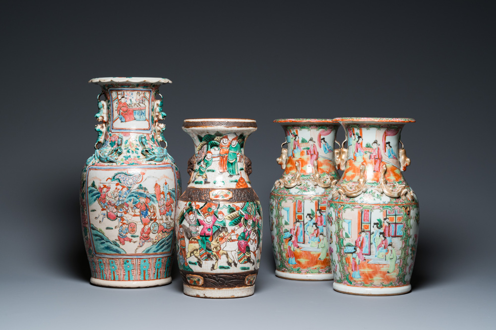 A pair of Chinese Canton famille rose vases, one with a court scene and one with a warrior scene, 19th C.