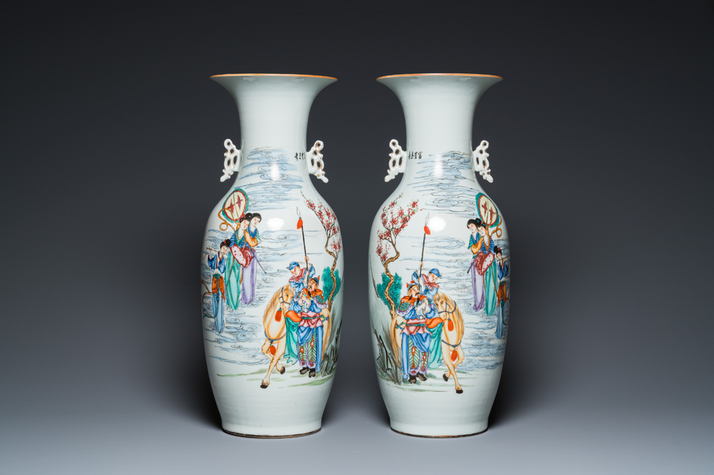 A pair of Chinese famille rose mythological subject vases, signed Han Zhengtai 韓正泰, 19/20th C.