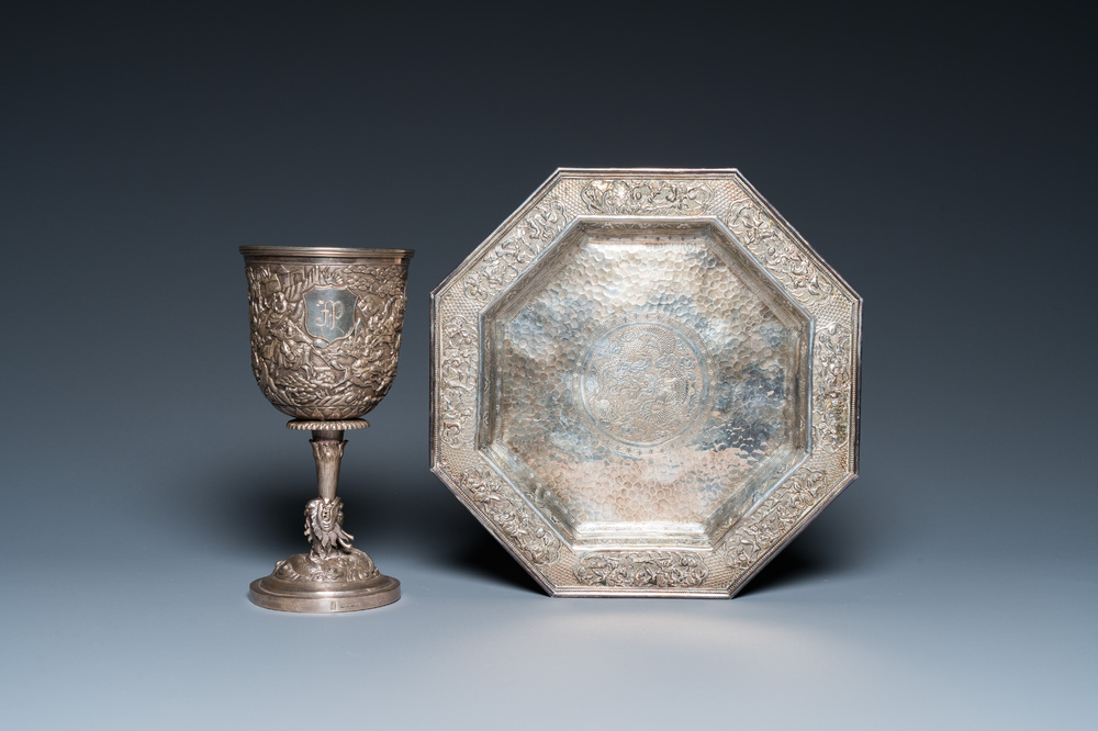 A Chinese silver monogrammed goblet and an octagonal tripod dish, 19/20th C.