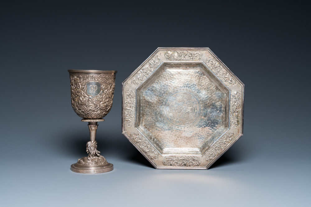 A Chinese silver monogrammed goblet and an octagonal tripod dish, 19/20th C.