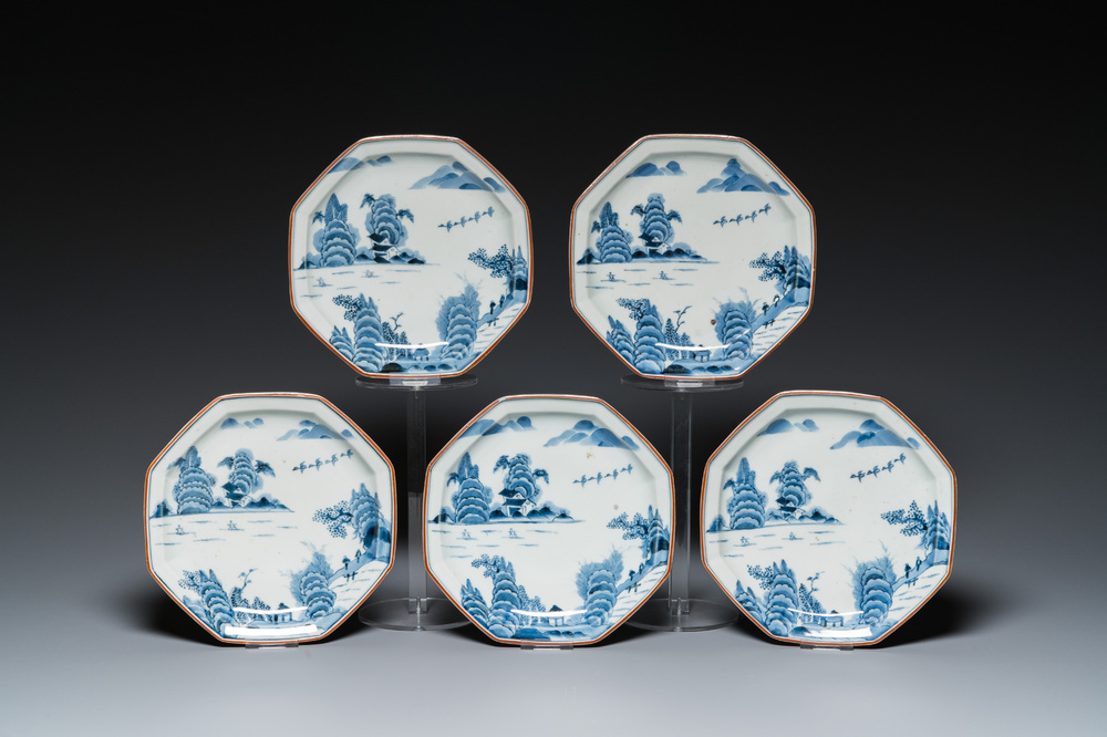 Five octagonal Japanese blue and white Arita tea ceremony plates, Edo, 18th C.