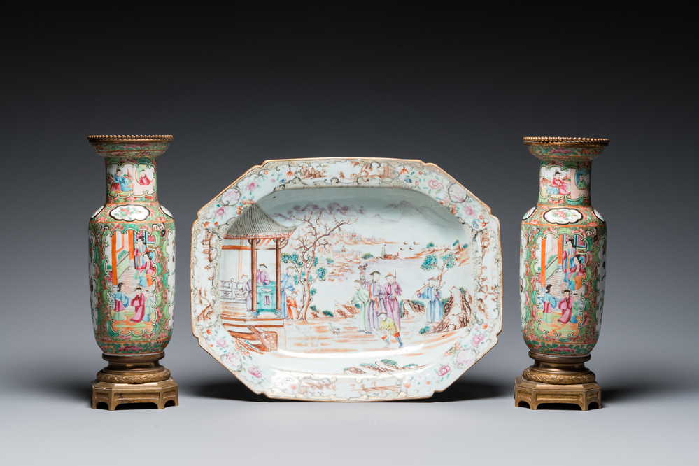 A Chinese octagonal famille rose 'mandarin' dish and a pair of bronze-mounted Canton vases, Qianlong and 19th C.