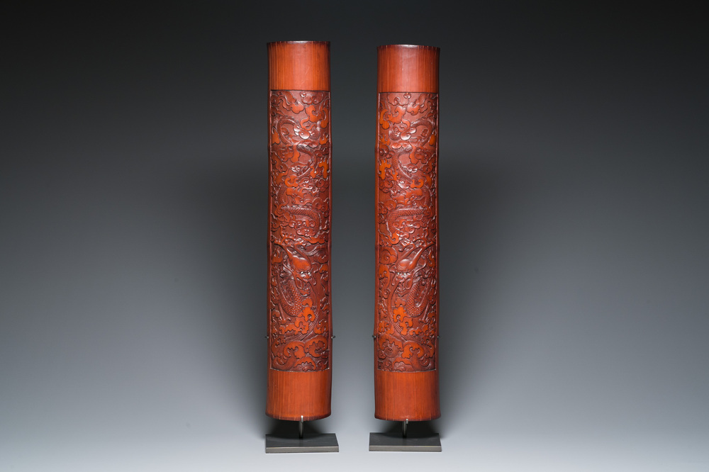 A pair of Chinese bamboo 'dragon' carvings, 19th C.