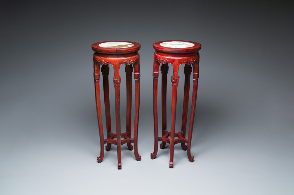 A pair of tall Chinese wooden stands with marble tops, Republic