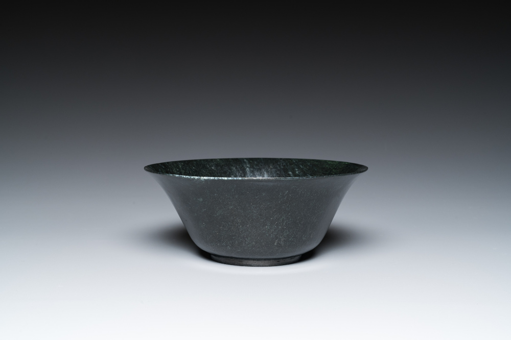 A Chinese dark moss green jade bowl, Qing