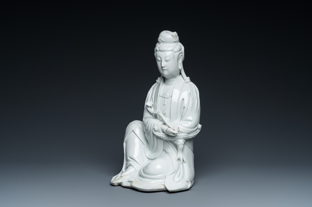 A Chinese Dehua blanc de Chine sculpture of Guanyin with a ruyi, Boji Yuren 博及漁人 mark, 19/20th C.